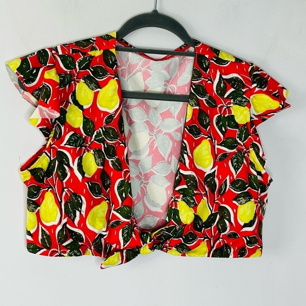 Beach Betty Size Large Plunging Flutter Sleeve Pear Print Swim Top